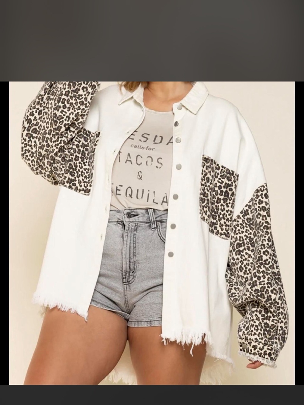 POL White Shacket with Leopard Print Panels